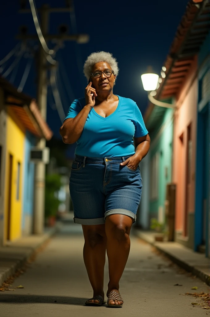 A 60-year-old Black woman, obese weighing 72 kilos distributed on a body with 167 centimeters in height, with large, saggy breasts, wide hip, thick legs and thighs. She has an expressive face with lines of time from age, big mouth, brown eyes with a serene and suffering look and light brown eyes. She's wearing prescription glasses, short jeans, decollete blue t-shirt and Havaianas flip-flops and is seen descending a slope at night in a Brazilian favela while talking on the phone.