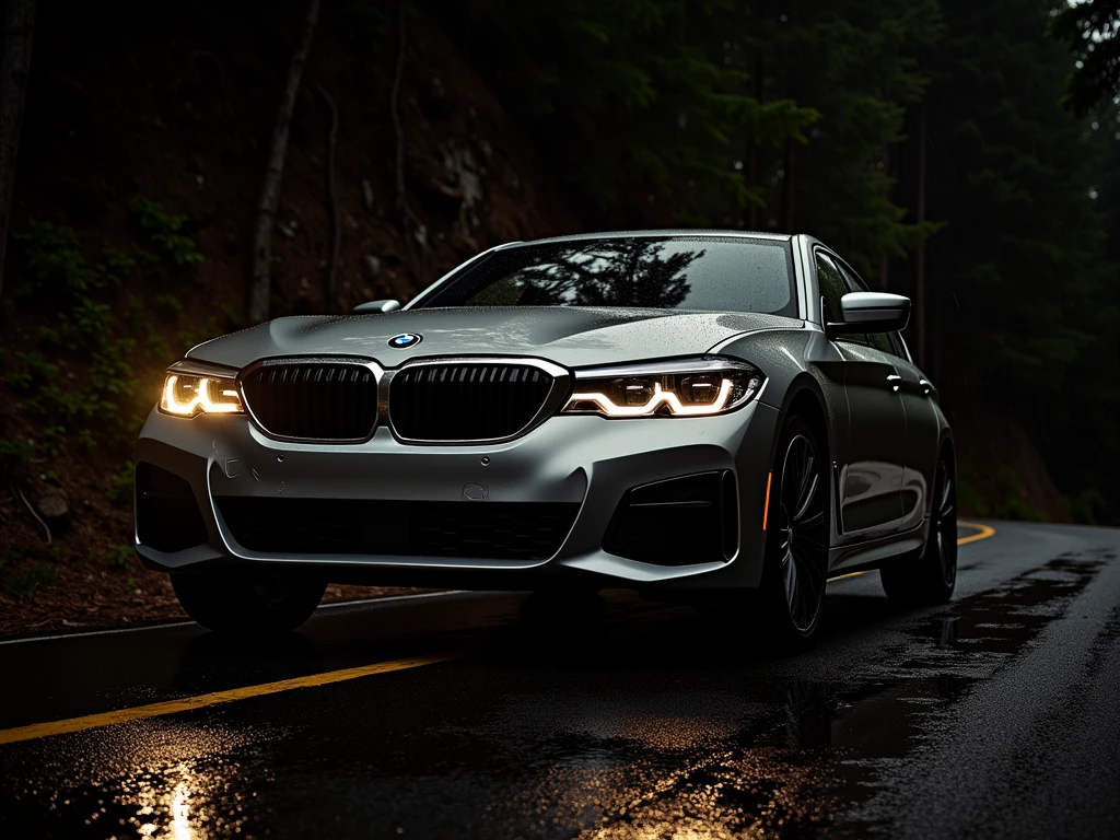 A silver BMW 46 drives down a small mountain road in the rain, its four headlights shining brightly.