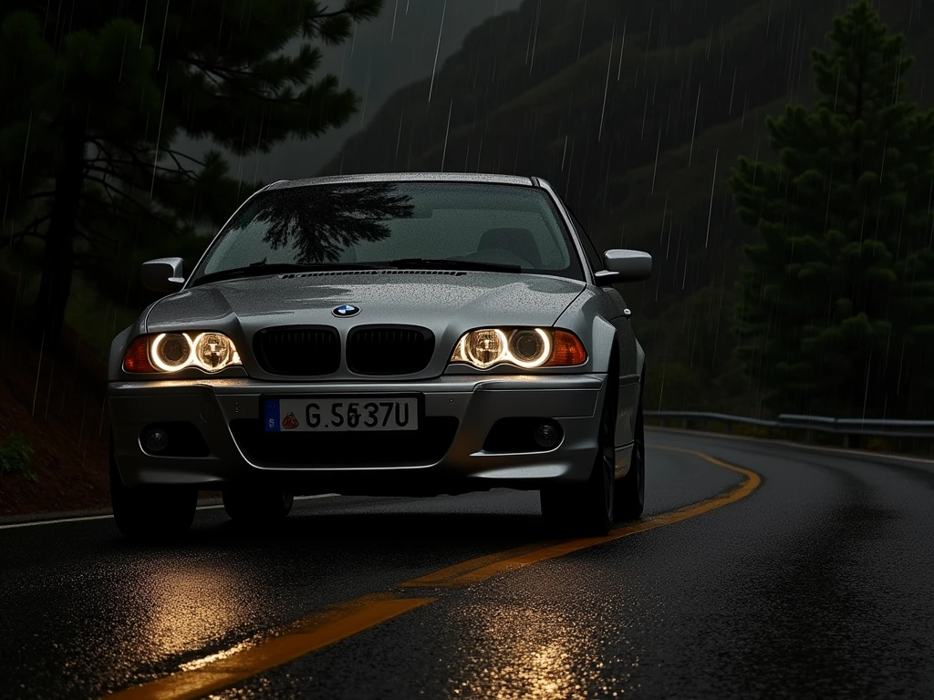 A silver BMW 46 drives down a small mountain road in the rain, its four headlights shining brightly.
