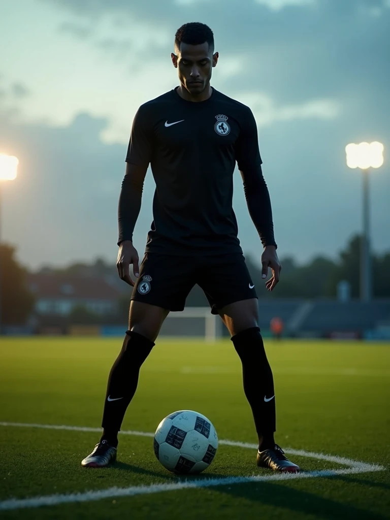 A minimalist all-black soccer uniform with a train symbol.