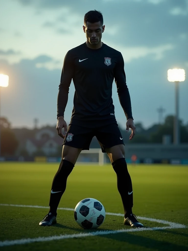 A minimalist all-black soccer uniform with a train symbol.