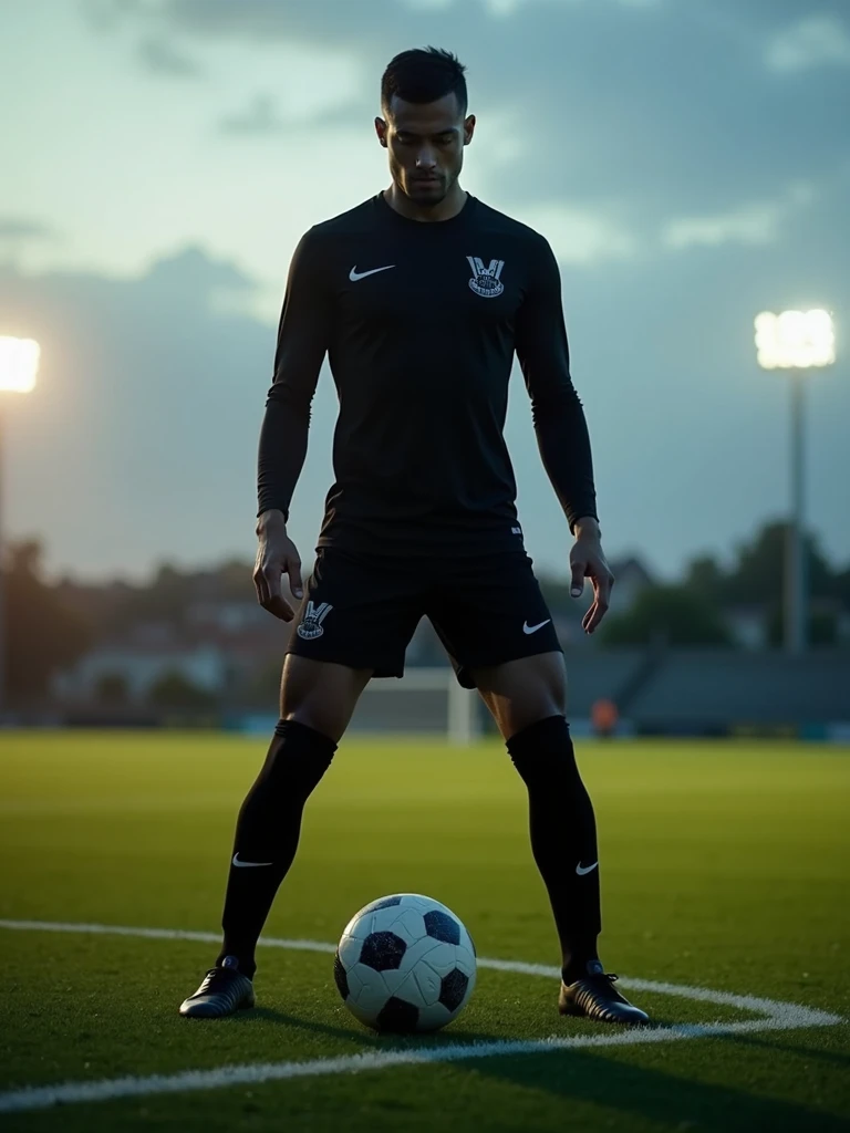 A minimalist all-black soccer uniform with a train symbol.