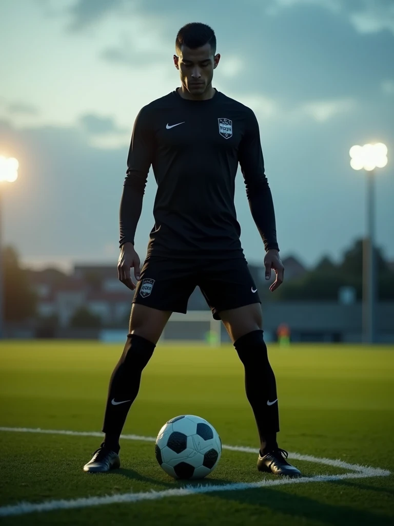 A minimalist all-black soccer uniform with a train symbol.