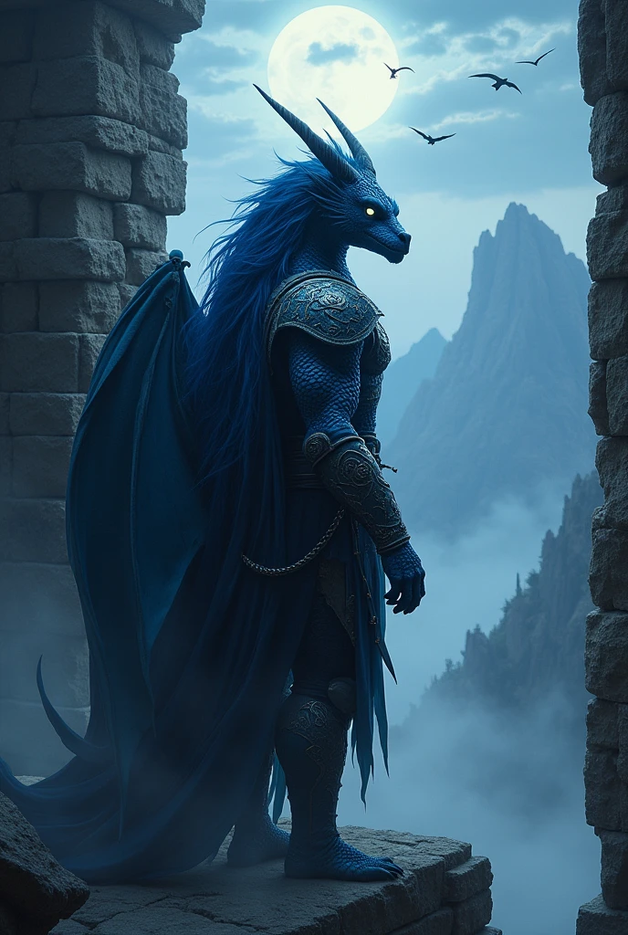 half dragon dark blue hair scar on face