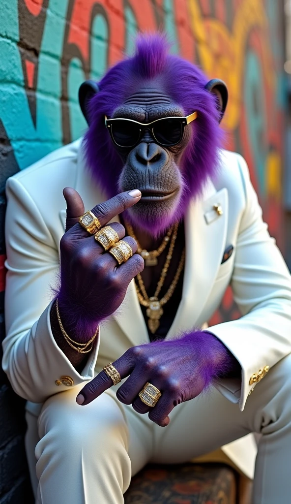 Purple Ape, wearing a white gangster suit with chains, a hat and glasses, tattooed, with huge diamond and gold rings, smoking with a pipe, pointing with his index finger to the right