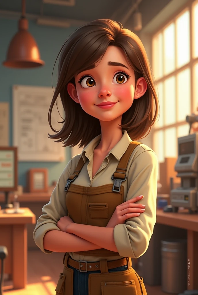 Young woman with short, shoulder-length, straight, light brown hair,Brown eyes, thin lips, Oval face, thick eyebrows, engineer, disney type