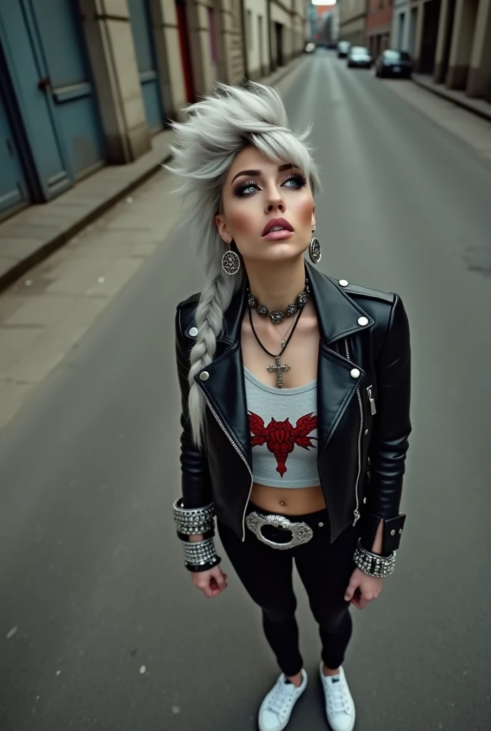 russian milf woman, biker gang member, grey  hair (pompadour with shaved sides), with very light blue eyes, extremely pale, heavy eye shadows. Thin. Sad face, smeared excessive make up and lipstick Wearing black moto jacket, cropped t-shirt with devil logo, skinny black jeans and white tennis sneakers  . Lots of metallic bracelets and inverted crucifix pendants. Tacky leather belt with oversized, excessive silver buckle. Hands in prayer, kneeling in the street. Wide loop earrings. Looks up like talking to God, mouth and eyes open
