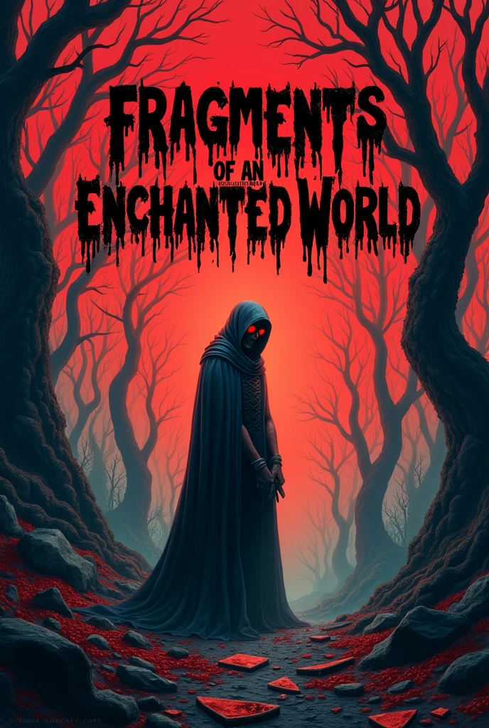 I need you to create a horror cover with the title "fragments of an enchanted world" With the release date for September 2025, I would like red and black on the cover.