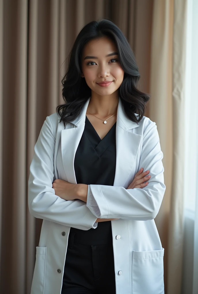 A 25 year old woman. tall and thin. curtain. Round face, defined chin and upturned nose. Bblack hair, wavy and medium. black leagwear, a formal doctor's coat.