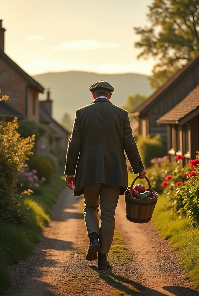 An image of a country gentleman, carrying a bucket, going home, em um vilarejo, country man, photo realist, image from bottom to top, horizon line