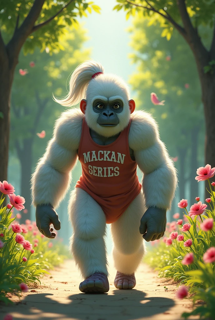 A girl with silver hair in a ponytail, a muscular black gorilla body, walking on all fours to school.