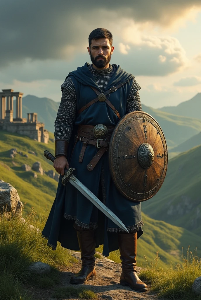 (photorealism:1.2), Dans un monde médiéval fantastique, un homme, voyageur . 27 ans, 1m80, Cheveux et barbe courts noire. Il a un haut a manche courte bleu nuit. Il n'a pas de gantelets. Il a une épée en fer et un bouclier en bois. Il porte une cotte de maille.