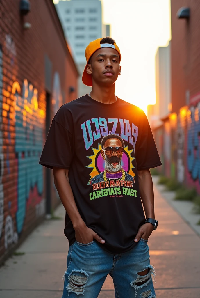 A man wearing a backwards cap strikes an 80s rapper pose in a city in the USA.