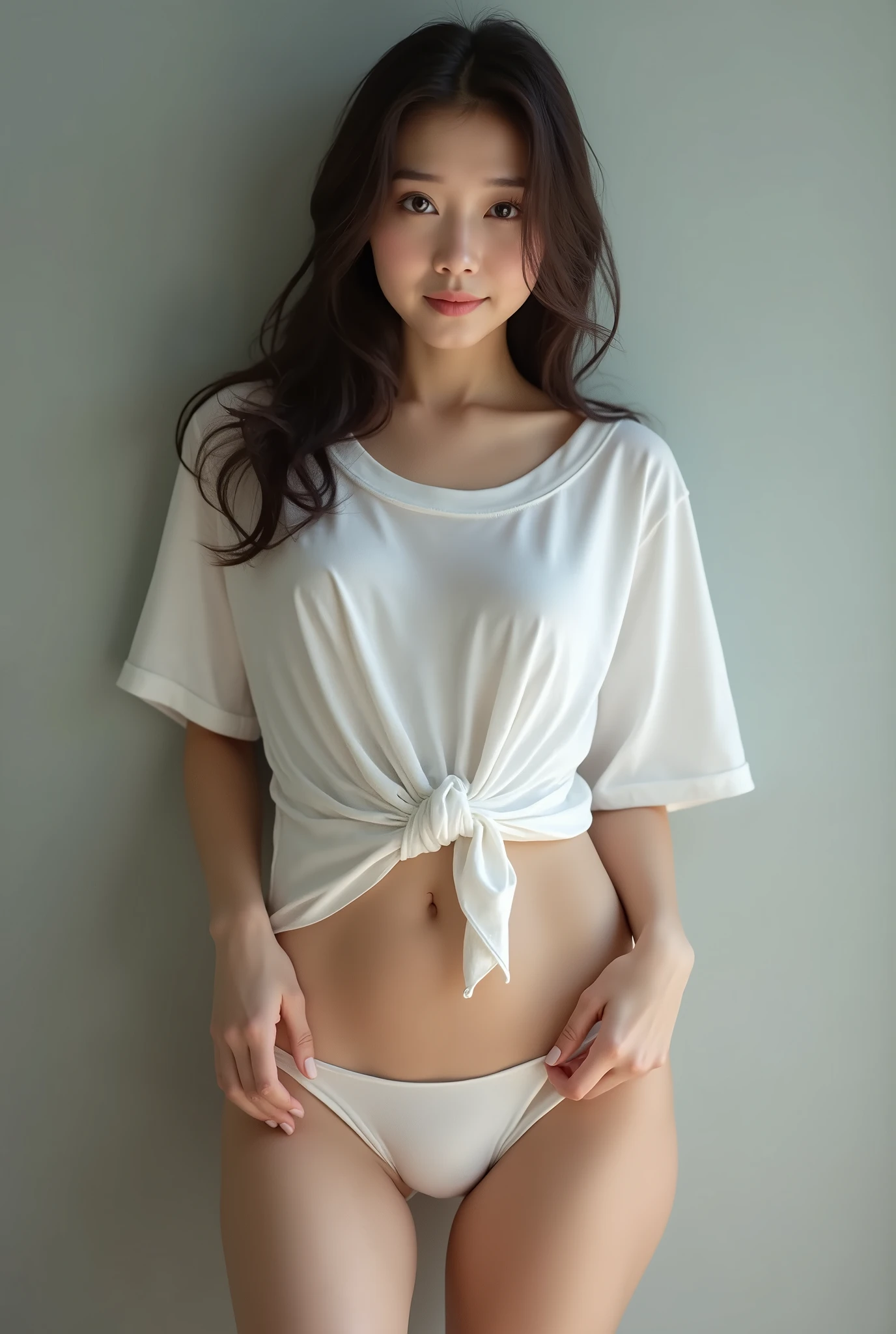 (((One person,alone))),(Highly realistic photos, High resolution, Detailed face, Beautiful Eyes) Japanese Actress, Beautiful face, T-shirt and panties, Healthy Body,Spread your legs、I can see your belly、Very thin lips、smile、Shot in a photo studio