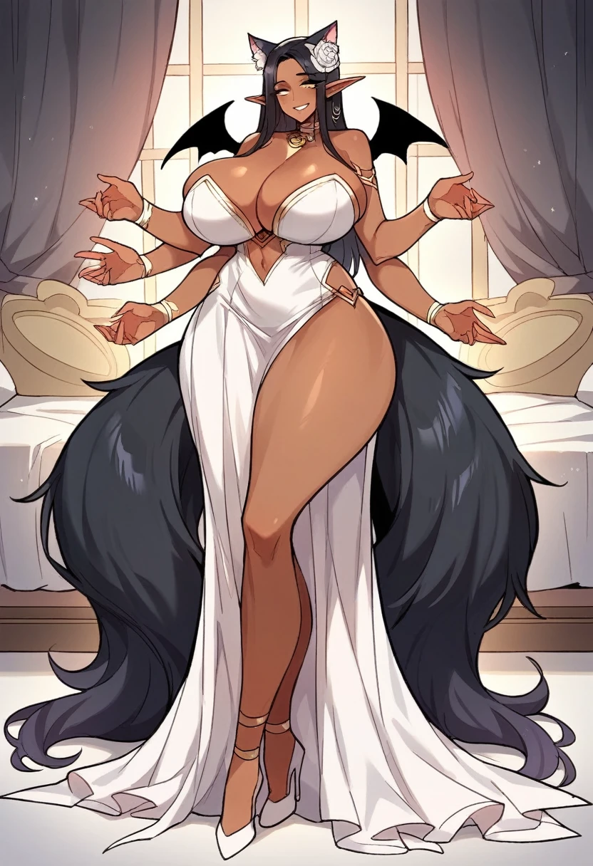 Elf woman milf body, massive breasts,massive ass,wide hips,full body view, long legs, dark skin, long black hair, tall,black wings, tail,horns,cat ears ,wears wedding costume, smile,bedroom,dark skin colour,four hands