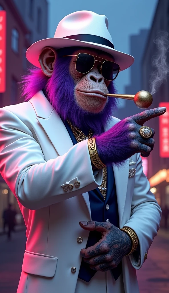 Purple Ape, wearing a white gangster suit with chains, a hat and glasses, tattooed, with huge diamond and gold rings, smoking with a pipe, pointing with his index finger to the right 