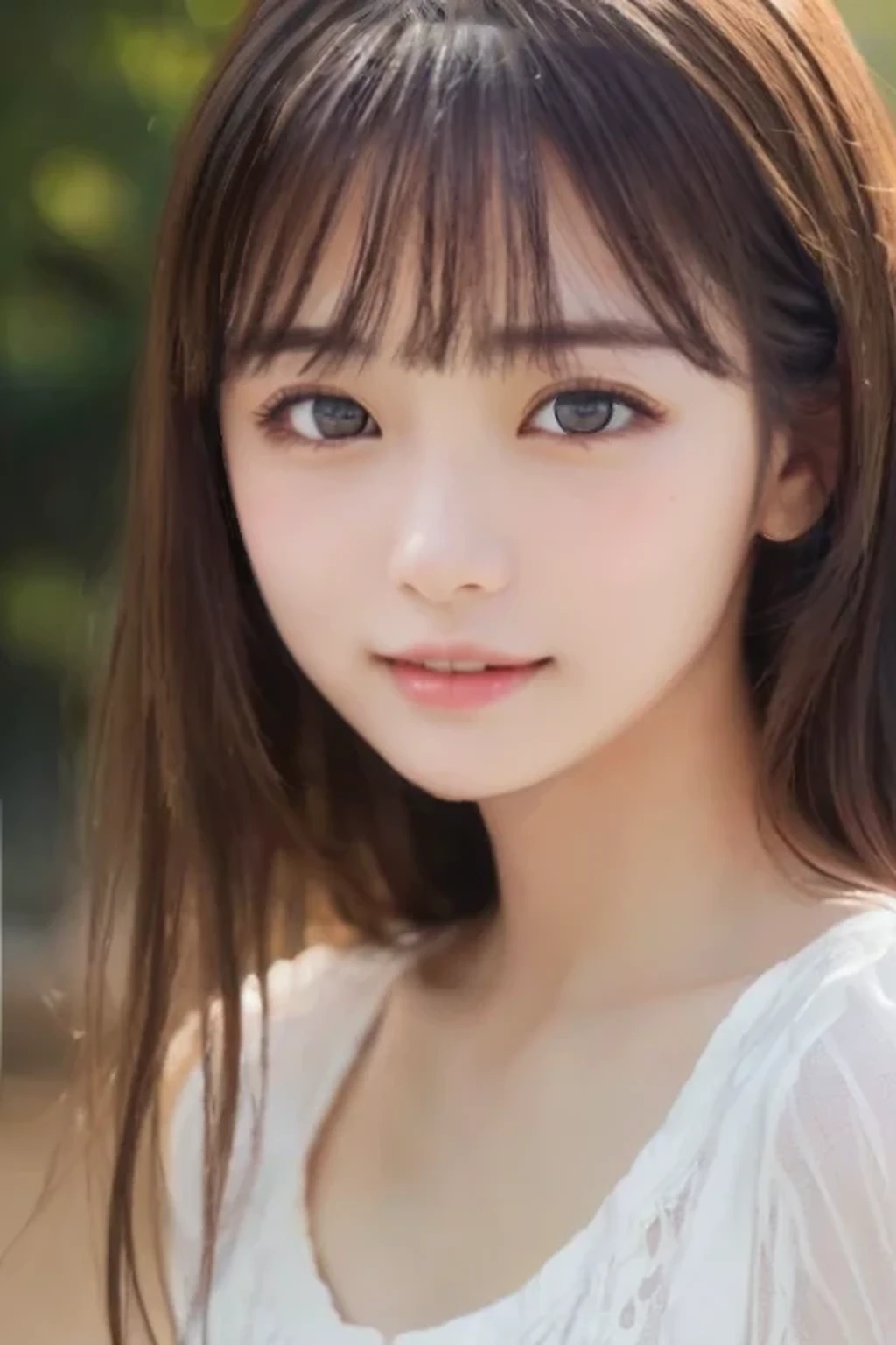 Highest quality、Ultra-high resolution、((beautiful girl、Japanese、Perfect Face))、Medium Hair、bangs、(detailed、Patchy eyes、Natural Makeup)、((Realistic textured skin、detailedな肌))、Realistic photo of the upper body、Neat white clothes、Smiling innocently with their mouth open、Bright and cute