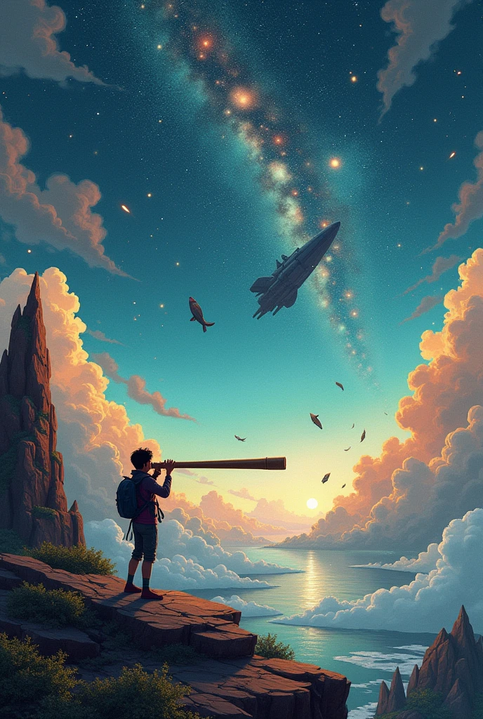 Highest quality, (masterpiece), Very detailed, (Illustrations for novels:1.2),  (High resolution:1.2), Dramatic Light, looking at space through long Telescope, space, shooting star, thin lines amidst the planets, Look up, Fantasy，On a different planet，Expansiveness，Great details，Cinema Lenses，Wide-angle composition，Hazy，満天のStarry Sky，Indian mythology，Shattered rocks fly everywhere.，Fantasy、another world、Starry Sky、shooting star、milky way、Multicolored clouds、another world、Countless islands floating in the sky々、Vast views、Wide-angle lens、A view looking down from a high hill. Realistic blurred background. 4K Full HD 60 FPS、Realistic lighting、deep sea，Ancient times，ancient fish，Swim gracefully，未来のdeep sea都市，Atlantis Continent，Reflection of the universe，広大なspace，fusion of the future and the past，Time Transcended，spaceの歪み、The paper surface shines with rainbow colors all over.、Halo、Angel Ring、Huge spaceship、A coelacanth swimming in the sky