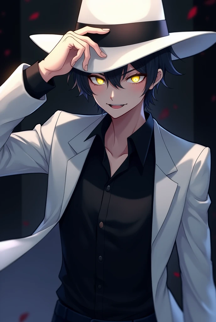 (8k, best quality, masterpiece:1.2), (anime style), RAW photo, best quality, ultra high res, best shadow, (full body:1.4), A guy with yellow eyes smiling, in a black shirt, white hat, and white coat horror, highly detailed facial features, perfect eyes one hand holds hat.