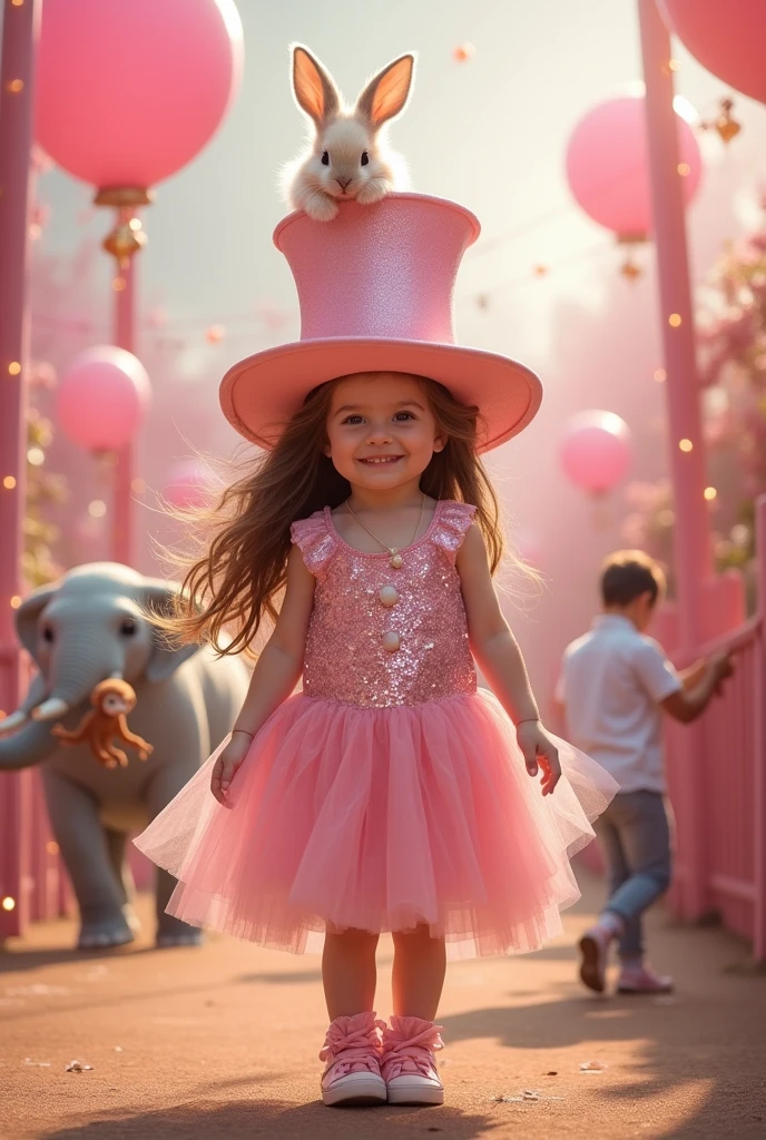 Light pink circus with pastel colors featuring a with brown hair and a rabbit in her top hat., a little elephant, a little monkey