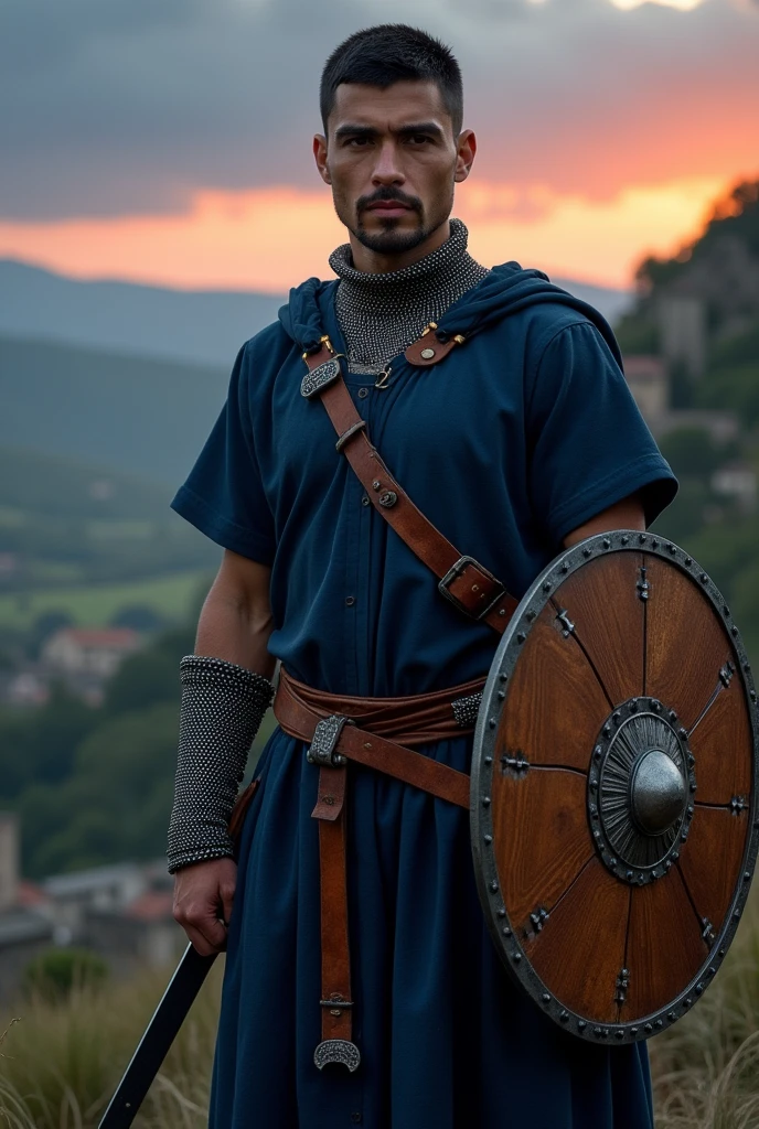 (photorealism:1.2), Dans un monde médiéval fantastique, un homme, voyageur . 27 ans, 1m80, Cheveux et barbe courts noire. Il a un haut a manche courte bleu nuit. Il n'a pas de gantelets. Il a une épée en fer et un bouclier en bois. Il porte une cotte de maille.