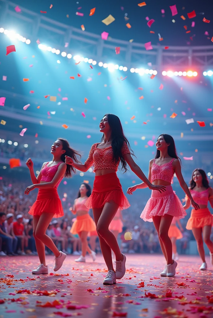 realistic,8k,Beautiful multiple koreans dance team girls, rock dancers estilo love dance team live, dancing and singing for her fans at the stadium