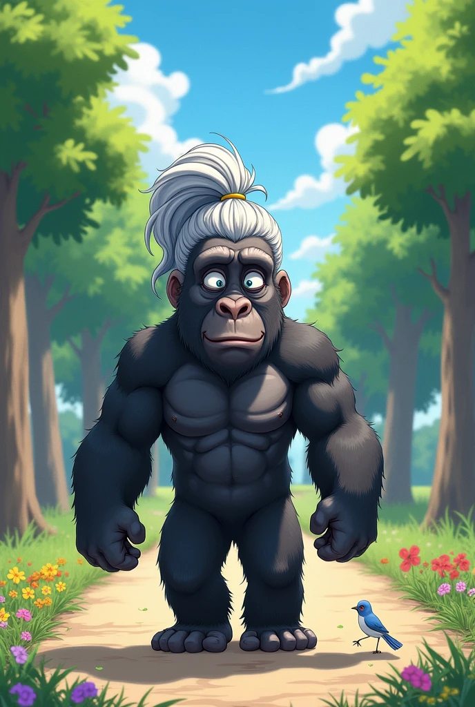 A girl with silver hair in a ponytail, her head and face, a muscular black gorilla for a body, walking on all fours to school.