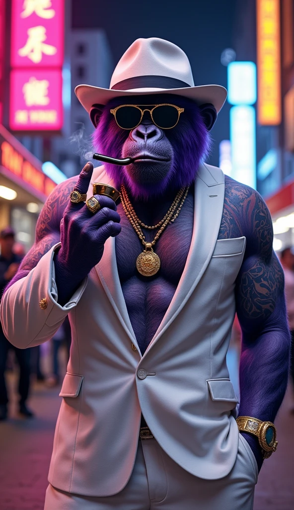 Purple Ape, wearing a white gangster suit with chains, a hat and glasses, tattooed, with huge diamond and gold rings, smoking with a pipe, pointing with his index finger to the right