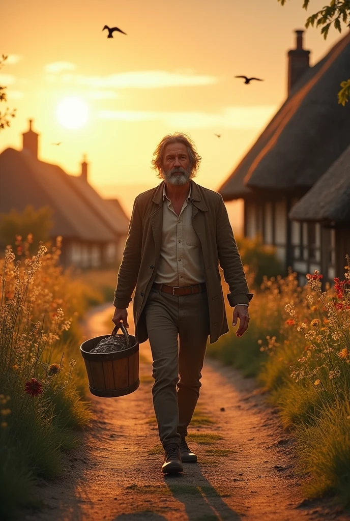 An image of a country gentleman, carrying a bucket, going home, em um vilarejo, country man, photo realist, image from bottom to top, horizon line