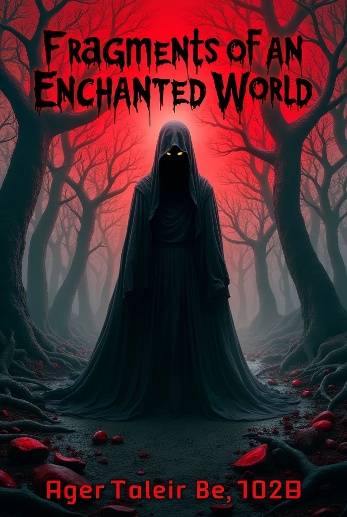 I need you to create a horror cover with the title "fragments of an enchanted world" With the release date for September 2025, I would like red and black on the cover.