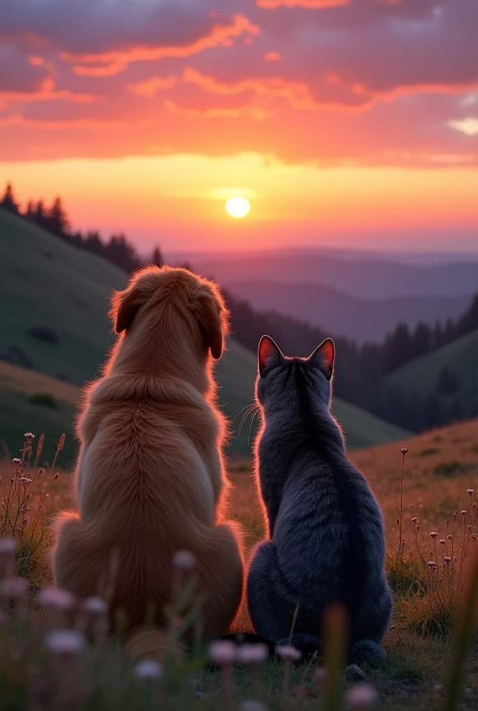 Cat with dog looking at the horizon