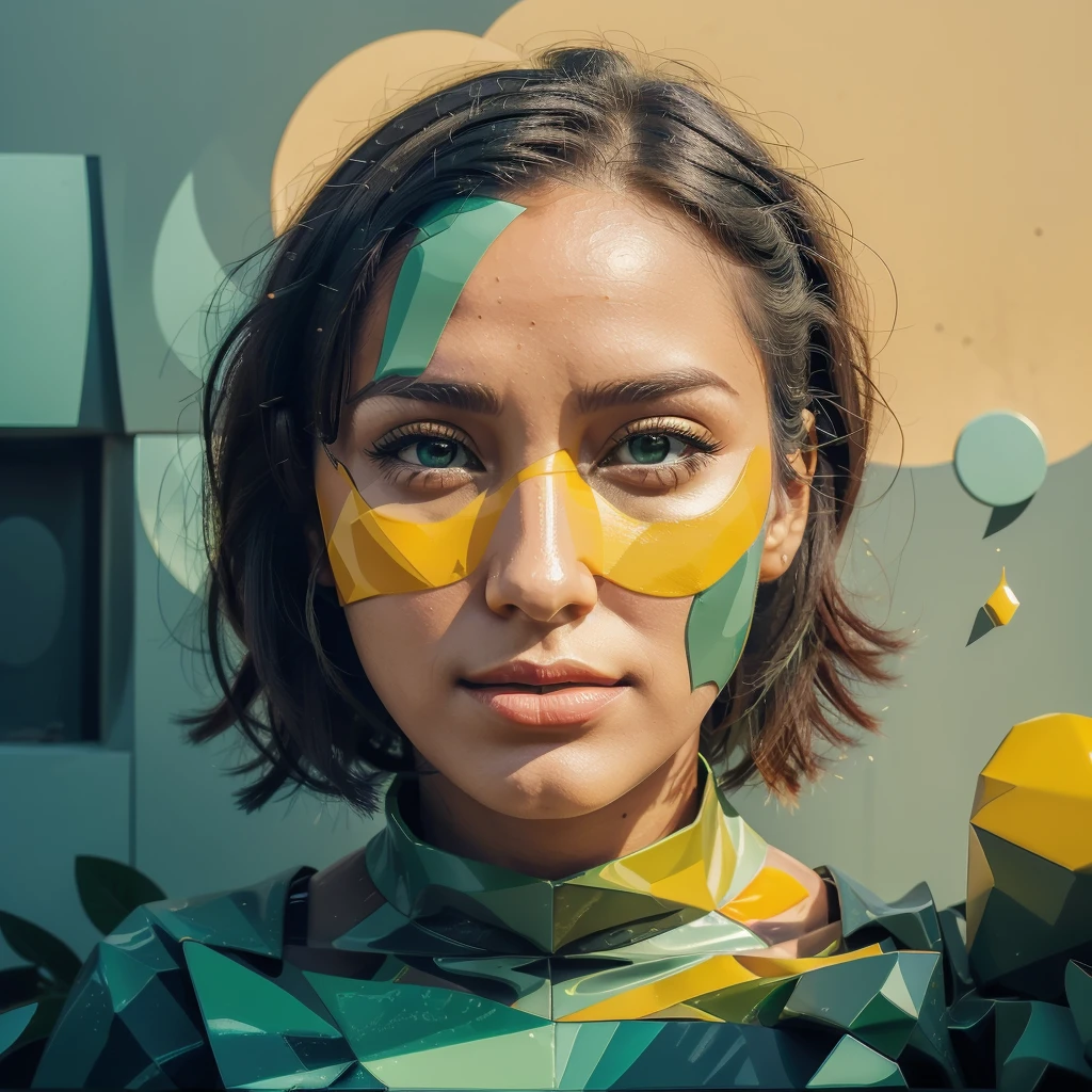 Abstract summer, minimal, vector, a combination of natural and geometric, two-dimensional, more than using the 9ea856 tone color code and mustard palette, Dark Medium Gray green, dark mustard pastel color, using very little dark green warm colors with mixed tones. With green and mustard, the face of a girl over 20 looking randomly in different directions, geometric and abstract cubism style, different face styles, Dark Gray green