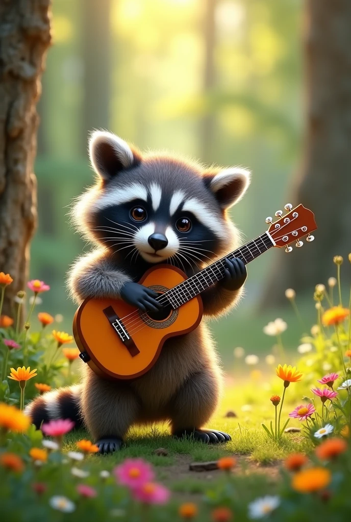 Realistic image of a raccoon playing the guitar.