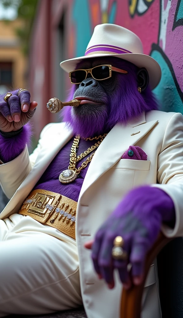 Purple Ape, wearing a white gangster suit with chains, a hat and glasses, tattooed, with huge diamond and gold rings, smoking with a pipe, pointing with his index finger to the right 