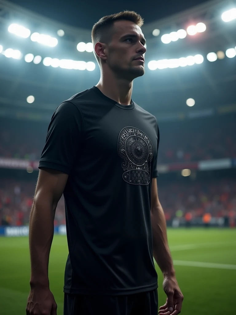 A minimalist all-black soccer team uniform with a high-relief train symbol on the front.