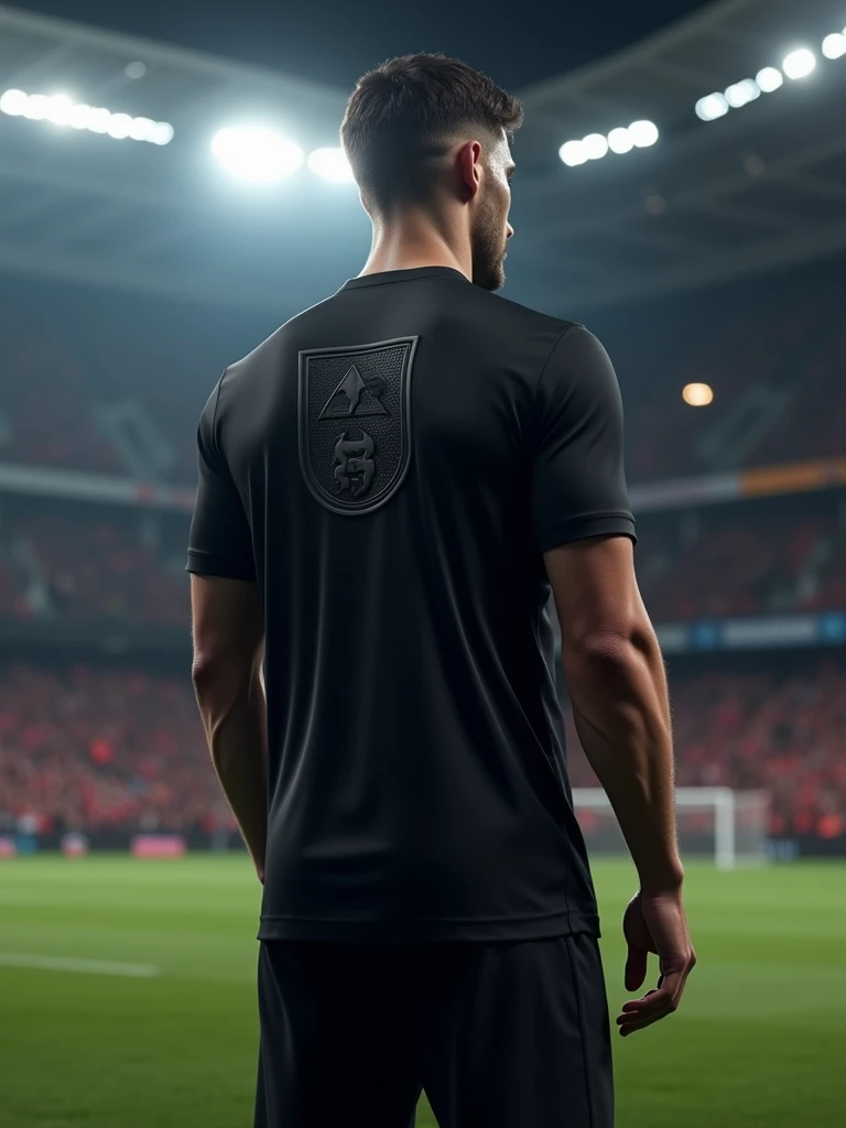 A minimalist all-black soccer team uniform with a high-relief train symbol on the front.