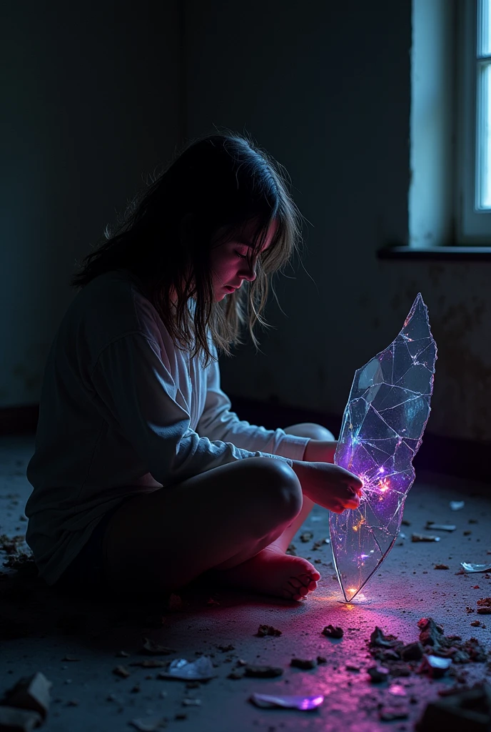A 25-year-old girl sitting on the floor with tears in her eyes, holding pieces of a broken mirror in her hands.. It's in a dark, shadowy place with striking colors. .illustration.