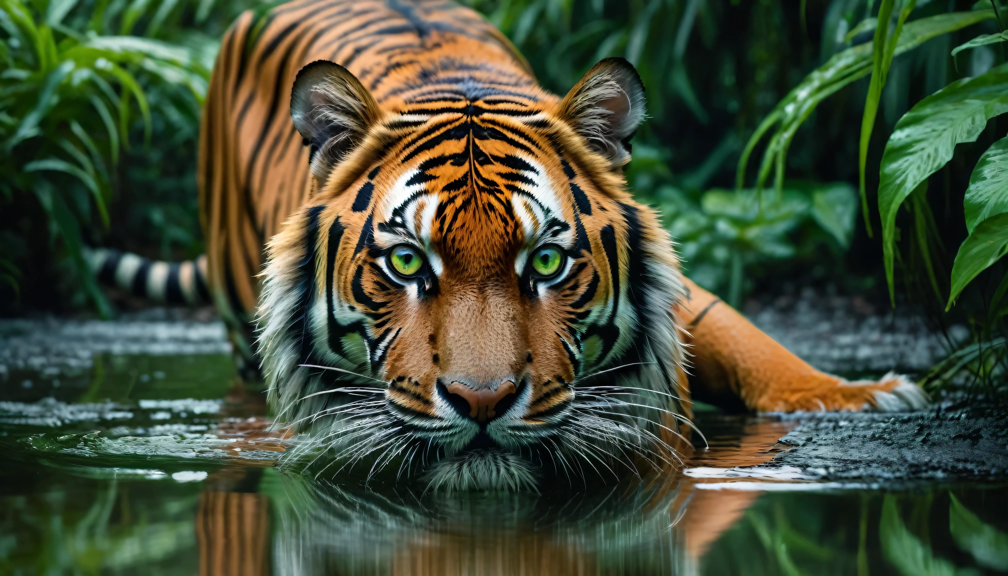 tiger captured in a lush green jungle, the tiger is in the middle of the photo, lively gaze, with a reflection of water. The tiger's fur is a bright orange and black, with a lively gaze and striking green eyes. The image is sharp and detailed, with a cinematic quality. The background is blurred, creating a sense of depth and focus on the tiger, breathtaking images, high definition. (ultra realistic) extreme details, (best quality, 4k, 8k, high resolution, masterpiece: 1.5)
