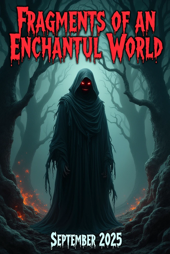 I need you to create a horror cover with the title "fragments of an enchanted world" With the release date for September 2025, I would like red and black on the cover.