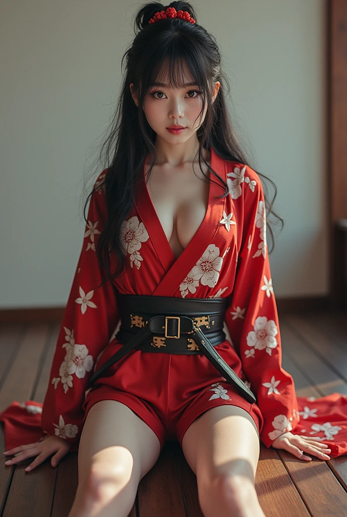 (((One person,alone))),(Highly realistic photos, High resolution, Detailed face, Beautiful Eyes) Japanese Actress, Beautiful face, Battle Suit, Healthy Body,Spread your legs、I can see your belly、Very thin lips、smile、Bold Pose,Japanese style