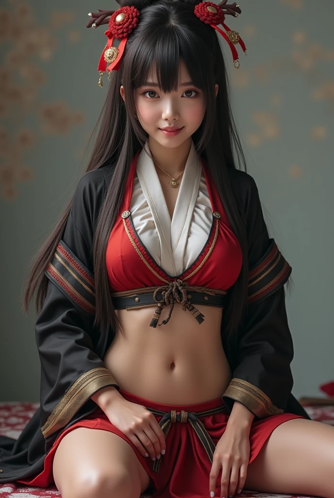 (((One person,alone))),(Highly realistic photos, High resolution, Detailed face, Beautiful Eyes) Japanese Actress, Beautiful face, Battle Suit, Healthy Body,Spread your legs、I can see your belly、Very thin lips、smile、Bold Pose,Japanese style