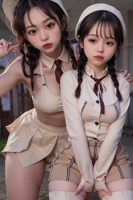 (2 girls of the same age:1.2) , Dual Focus, Japan girls, captivating, 16 yo, Japan girls, black hairr,  Stand next to each other. ,   School uniform , Sleeveless sailor suit , twintails,  (smile:0.7), I scrunchie,  (high saturation:1.2), (low contrast:1.1), (high saturation:1.0), (very detailed skin), (bestquality:1.0), (ultra highres:1.0) ,(photorealistic portrait:1.0), (ultra-detail:1.0), (10, RAW photo:1.1), (Skirt Lift:1.0)