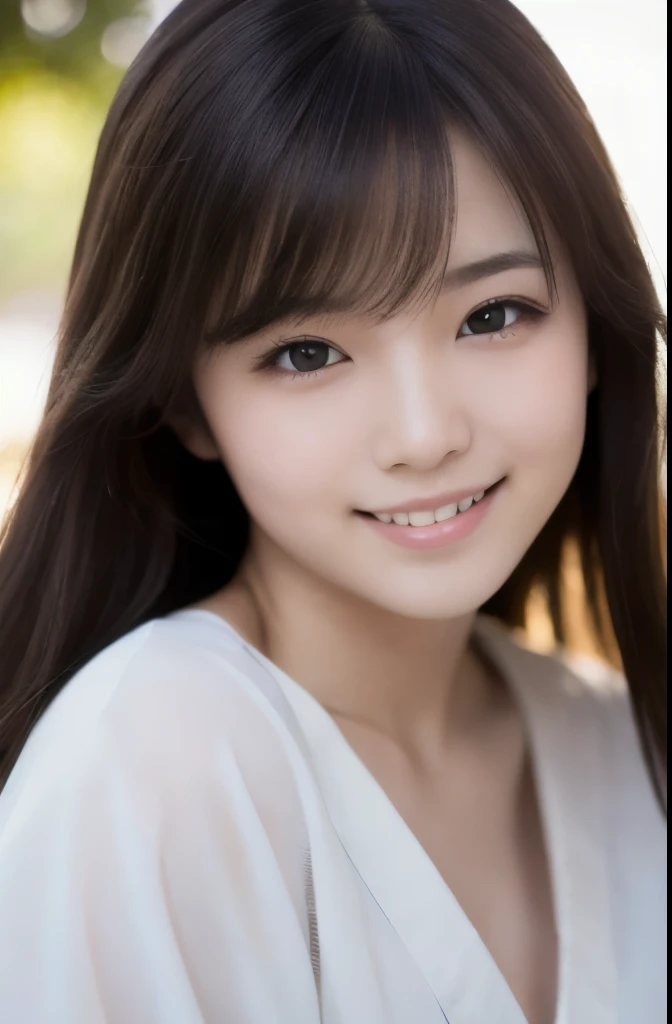 best quality, face focus, soft light, ultra high res, (photorealistic:1.4), RAW photo,(Shinozaki Ai), white skin, kawaii, 1 Japanese girl, solo, cute, (smile), (pupil, lights in the eyes), detailed beautiful face, Medium-sized breasts,(high resolution detail of human skin texture),(long hair),(portrait), upper body, white traditional kimono