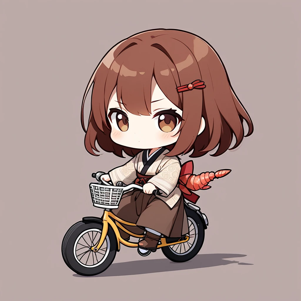 ultra-small deformation, Chibi Cute, 1girl, solo, full body, Riding a Bicycle, brown long hair, Red ribbon hair clip, Purple arrowhead pattern with shrimp brown hakama, boots, Female students in the Taisho period, simple background, [Haikara san ga Tooru]