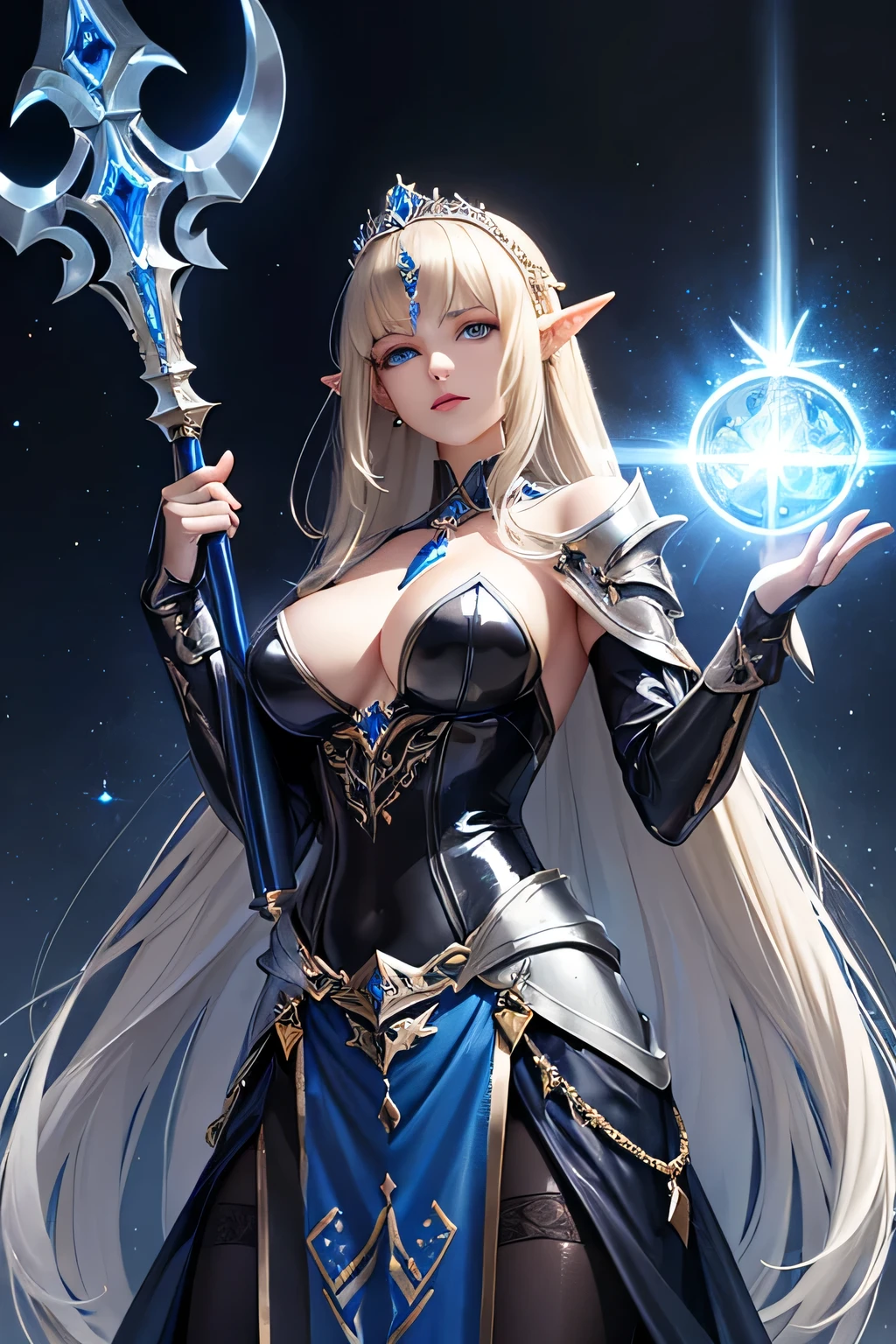 young elven female princess in a sexy fantasy leather dress and a skirt with sapphire accessories, long blonde hair with a shiny silver tiara and darkblue saphires, dark blue eyes, pointy elven ears, holding a silver metallic battlehammer and a shield, saphire accessories, holy light is covering her from the background,