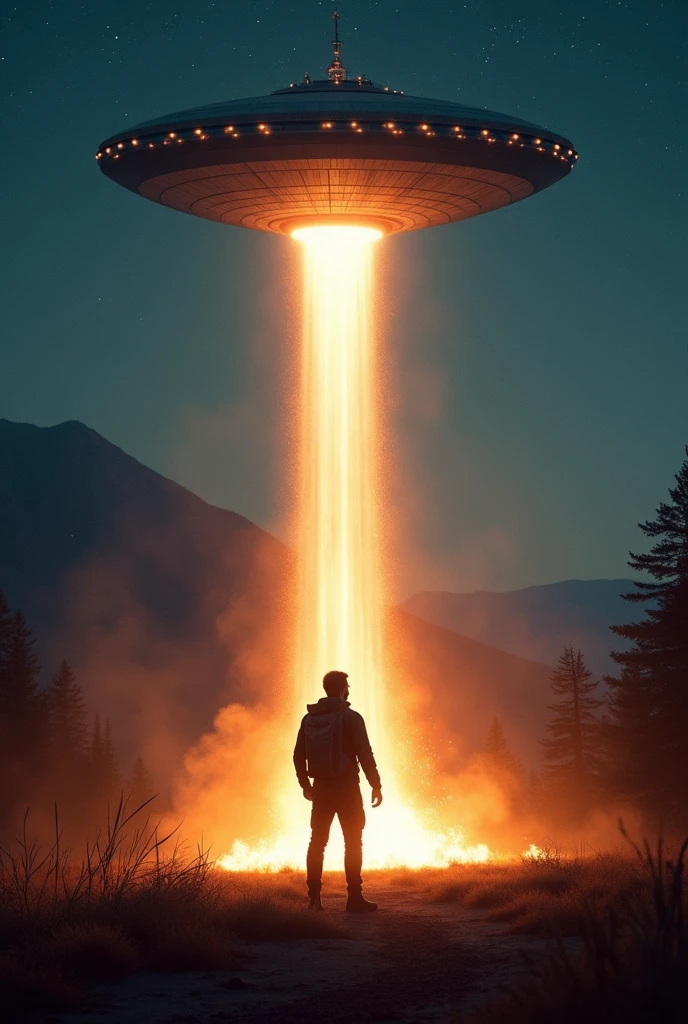 Man by a large bonfire looking up at the sky, seeing a giant spaceship that shoots a beam of light at him
