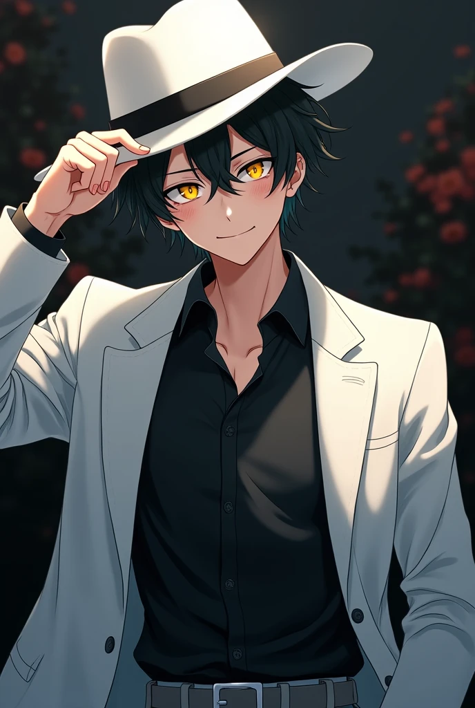 (8k, best quality, masterpiece:1.2), (anime style), RAW photo, best quality, ultra high res, best shadow, (full body:1.4), A guy with yellow eyes smiling, in a black shirt, white hat, and white coat horror, highly detailed facial features, perfect eyes one hand holds hat.