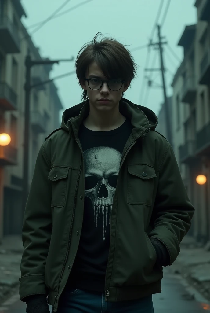 resident evil type graphics, guy with dark green jacket, mullet hair, glasses, age around 20, black skull t-shirt