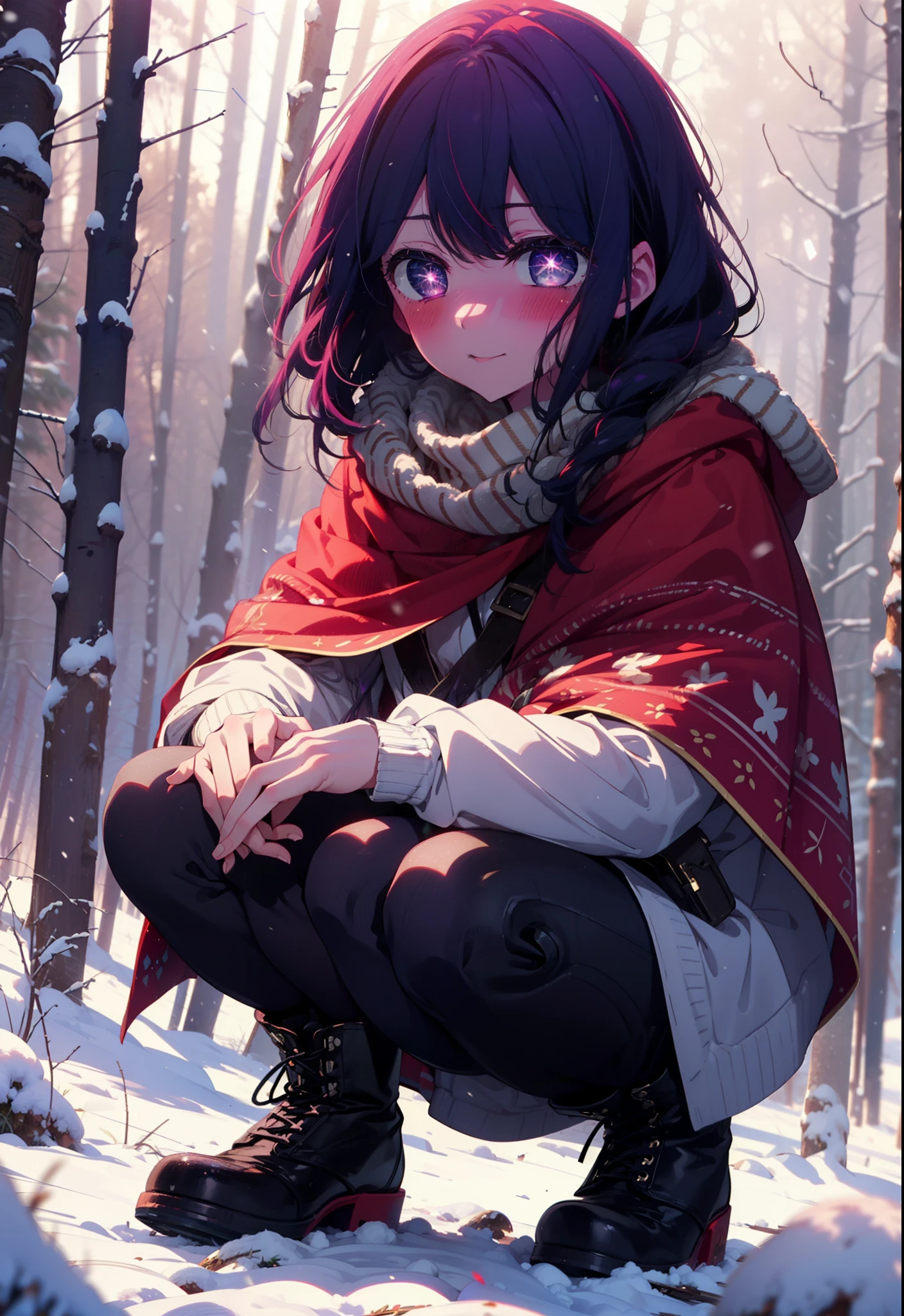 aihoshino, Ai Hoshino, Long Hair, bangs, (Purple eyes:1.1), Purple Hair, (Symbol-shaped pupil:1.5), smile,,smile,blush,white breath,
Open your mouth,snow,Ground bonfire, Outdoor, boots, snowing, From the side, wood, suitcase, Cape, Blurred, , forest, White handbag, nature, Squat, Mouth closed, Cape, winter, Written boundary depth, Black shoes, red Cape break looking at viewer, Upper Body, whole body, break Outdoor, forest, nature, break (masterpiece:1.2), Highest quality, High resolution, unity 8k wallpaper, (shape:0.8), (Beautiful and beautiful eyes:1.6), Highly detailed face, Perfect lighting, Extremely detailed CG, (Perfect hands, Perfect Anatomy),