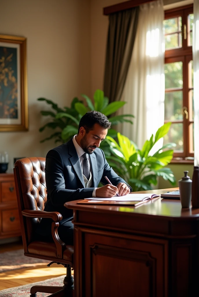 Suit men seat on office in the calm beautiful elegant ethiopian office his  listing properly on paper at their on a desk 